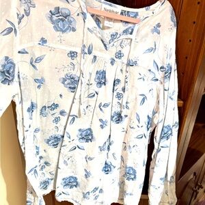 NorthStyle White and Blue Floral Tie-Neck Blouse